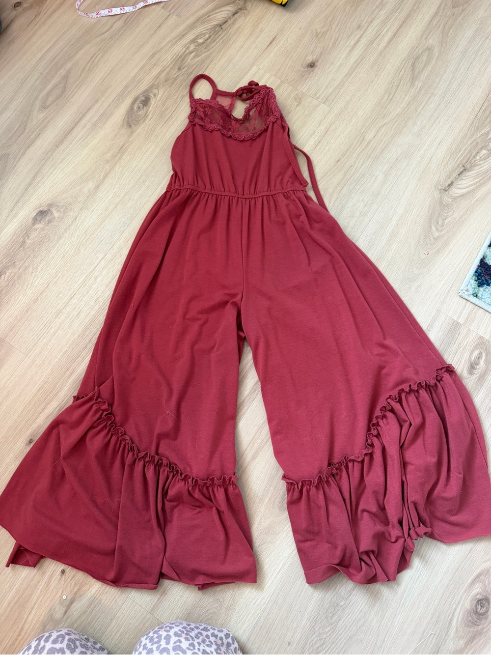 Joyfolie Lace-Trim Wide-Leg Jumpsuit in Burgundy